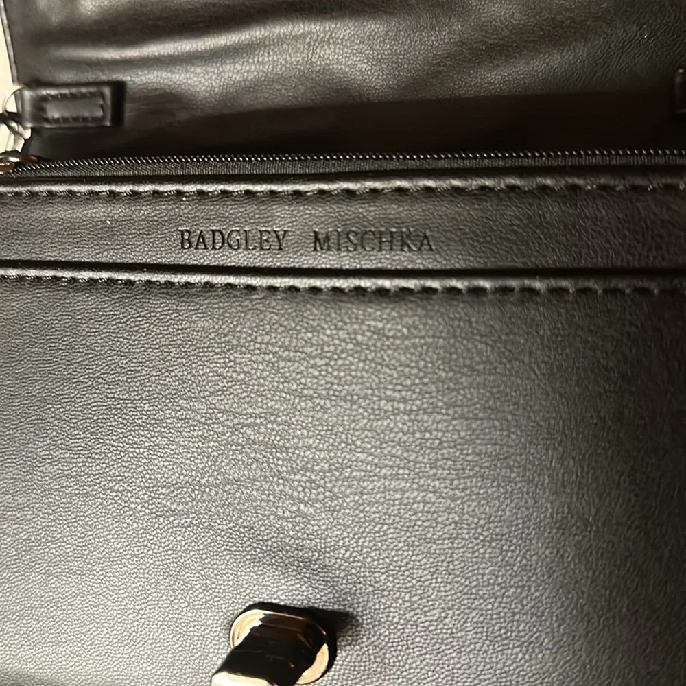 Badgley Mischka Black Vegan Leather Quilted Front Crossbody Bag on Chain Strap.